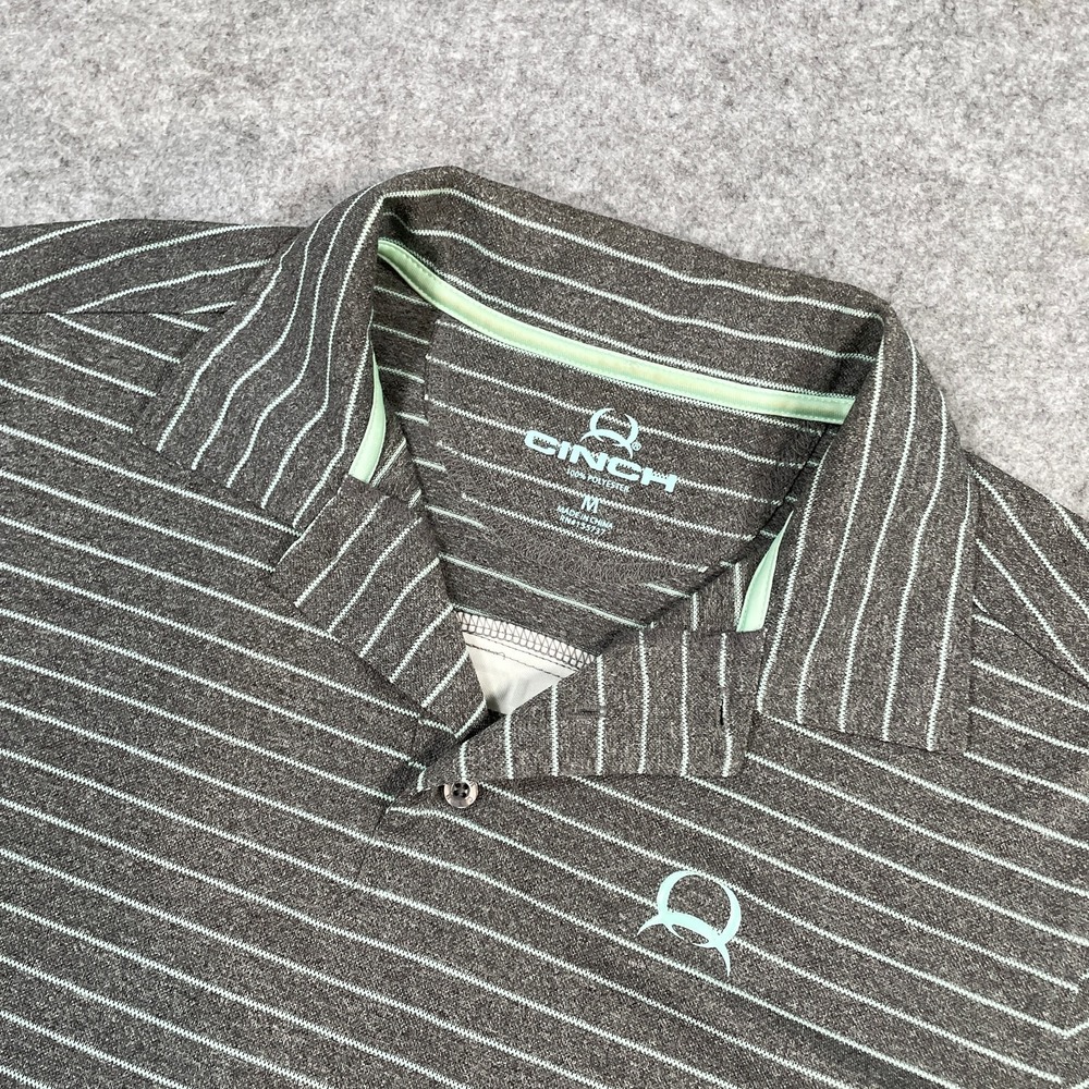 Cinch Mens Polo Shirt Medium Gray Mint Striped Short Sleeve Western Performance